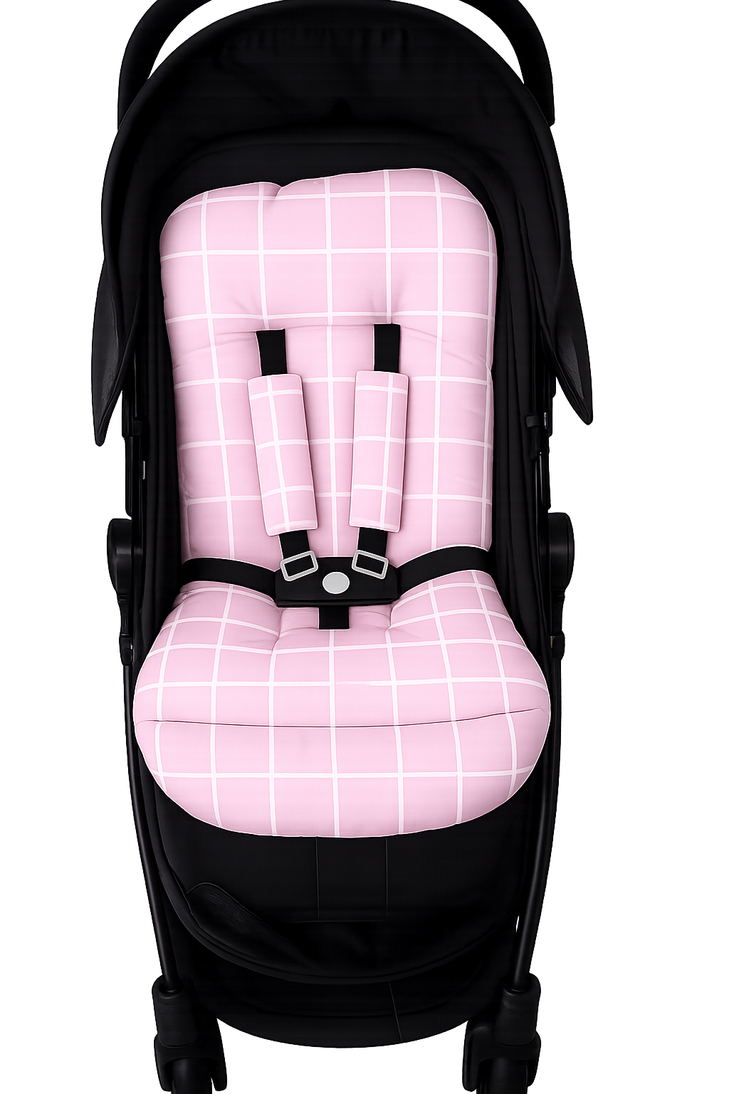 Kit Colchonetes 3 Peças para Carrinho & Bebê Conforto + Protetores de Cinto Grid Rosa Verso Rosa