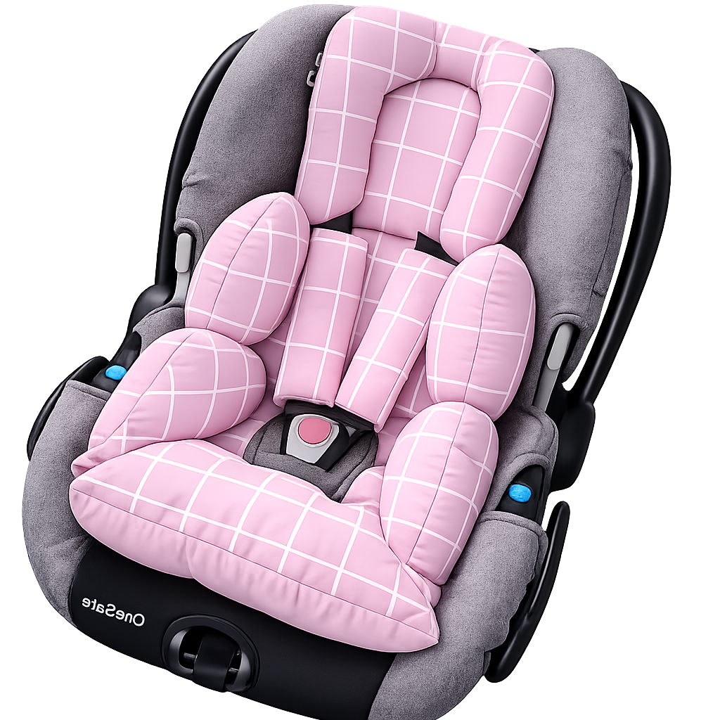 Kit Colchonetes 3 Peças para Carrinho & Bebê Conforto + Protetores de Cinto Grid Rosa Verso Rosa
