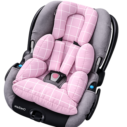 Kit Colchonetes 3 Peças para Carrinho & Bebê Conforto + Protetores de Cinto Grid Rosa Verso Rosa