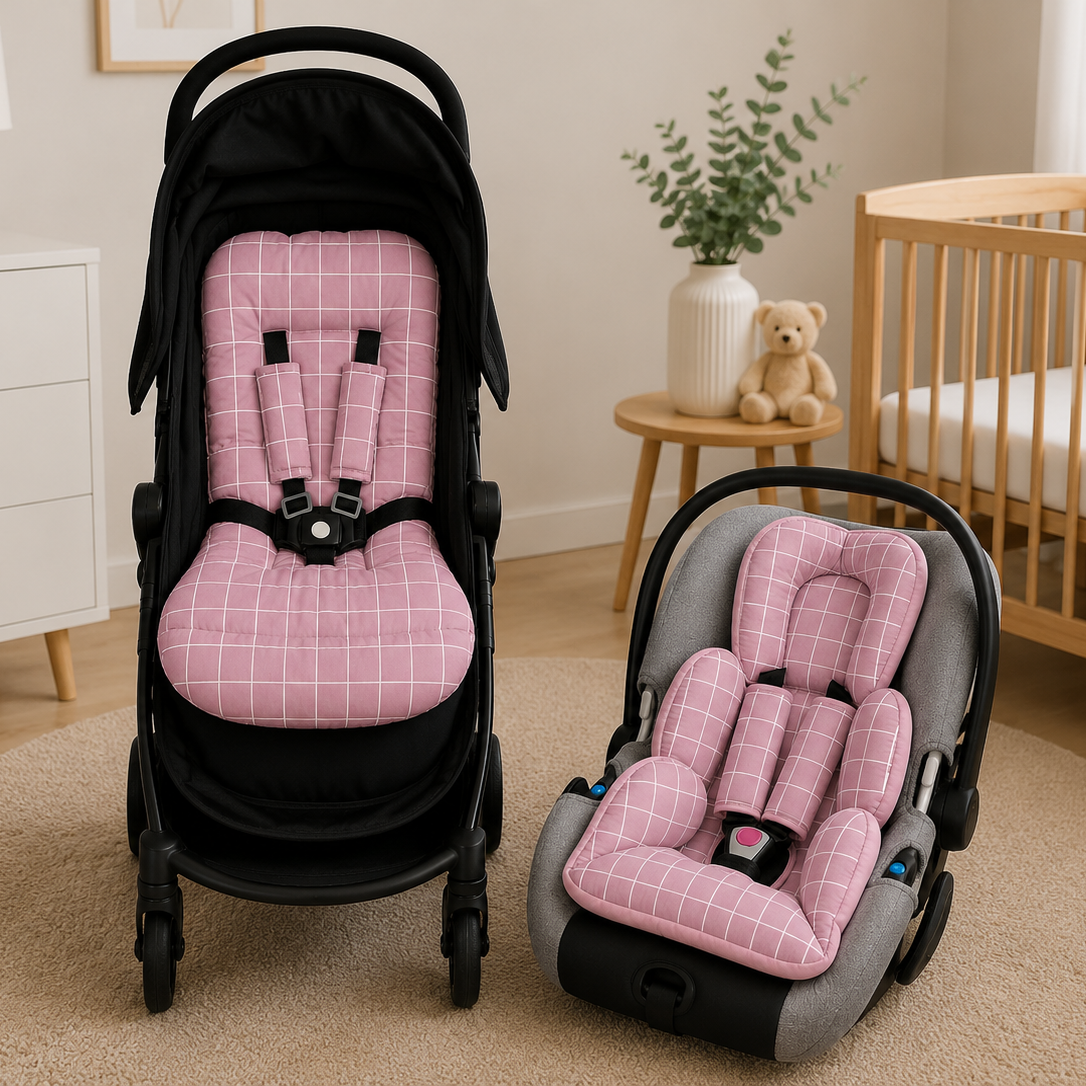 Kit Colchonetes 3 Peças para Carrinho & Bebê Conforto + Protetores de Cinto Grid Rosê Verso Rosê