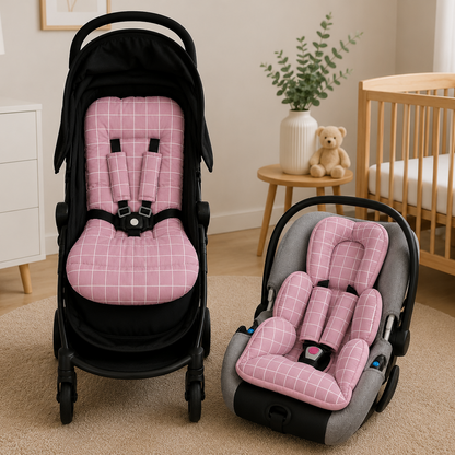 Kit Colchonetes 3 Peças para Carrinho & Bebê Conforto + Protetores de Cinto Grid Rosê Verso Rosê