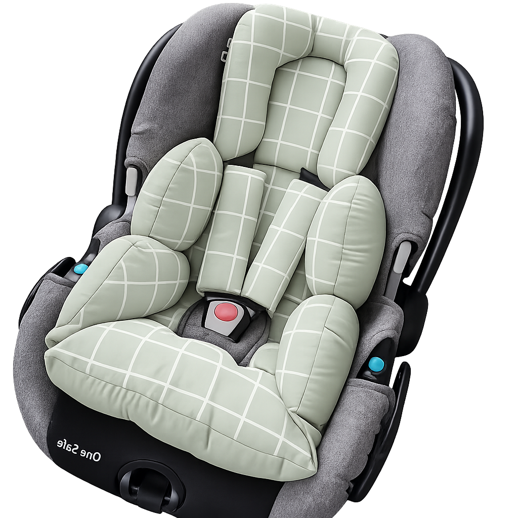 Kit Colchonetes 3 Peças para Carrinho & Bebê Conforto + Protetores de Cinto Grid Verde Verso Verde