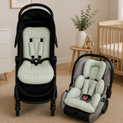 Kit Colchonetes 3 Peças para Carrinho & Bebê Conforto + Protetores de Cinto Grid Verde Verso Verde