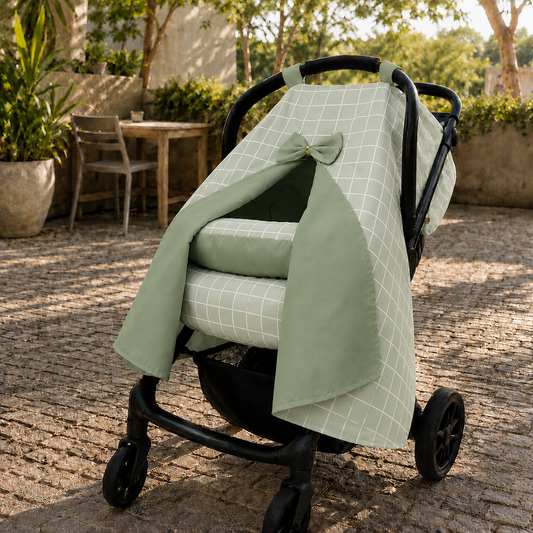 Kit para Bebê Conforto 4 Peças Dupla Face com Capota Tenda Grid Verde Verso Verde Menta