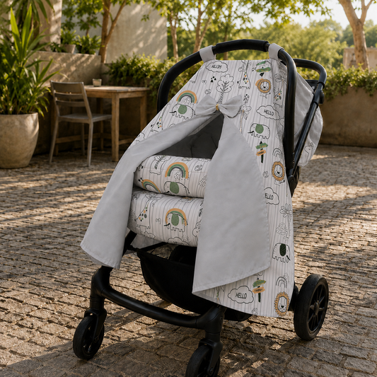 Kit para Bebê Conforto 4 Peças Dupla Face com Capota Tenda Leão Verso Cinza