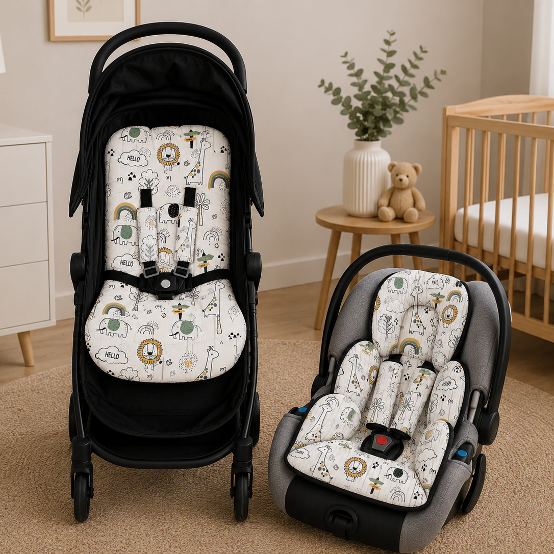 Kit Colchonetes 3 Peças para Carrinho & Bebê Conforto + Protetores de Cinto Leão Verso Cinza