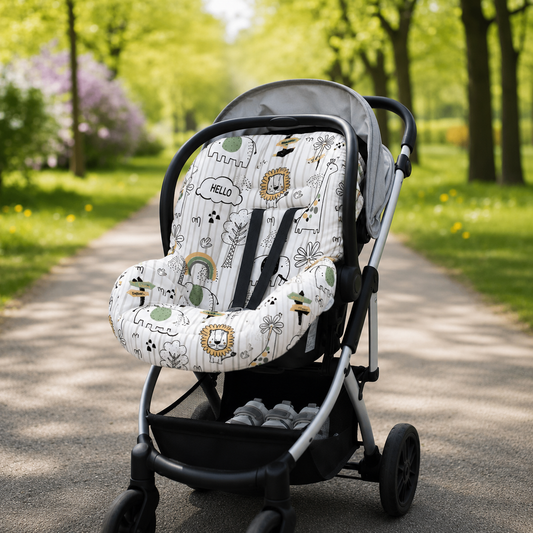 Kit para Bebê Conforto 4 Peças Dupla Face com Capota Tenda Leão Verso Cinza