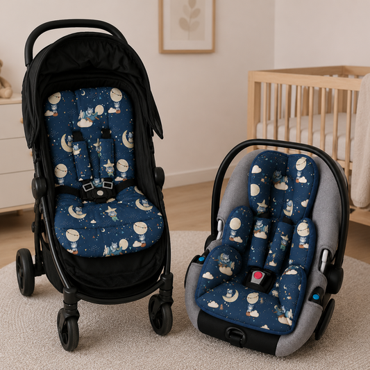 Kit Colchonetes 3 Peças para Carrinho & Bebê Conforto + Protetores de Cinto Luar Marinho Verso Marinho