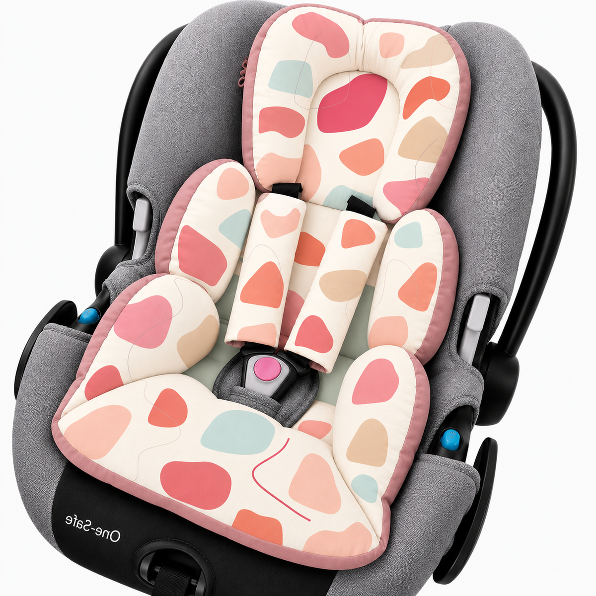 Kit Colchonetes 3 Peças para Carrinho & Bebê Conforto + Protetores de Cinto Manchitas Menina Verso Rosê