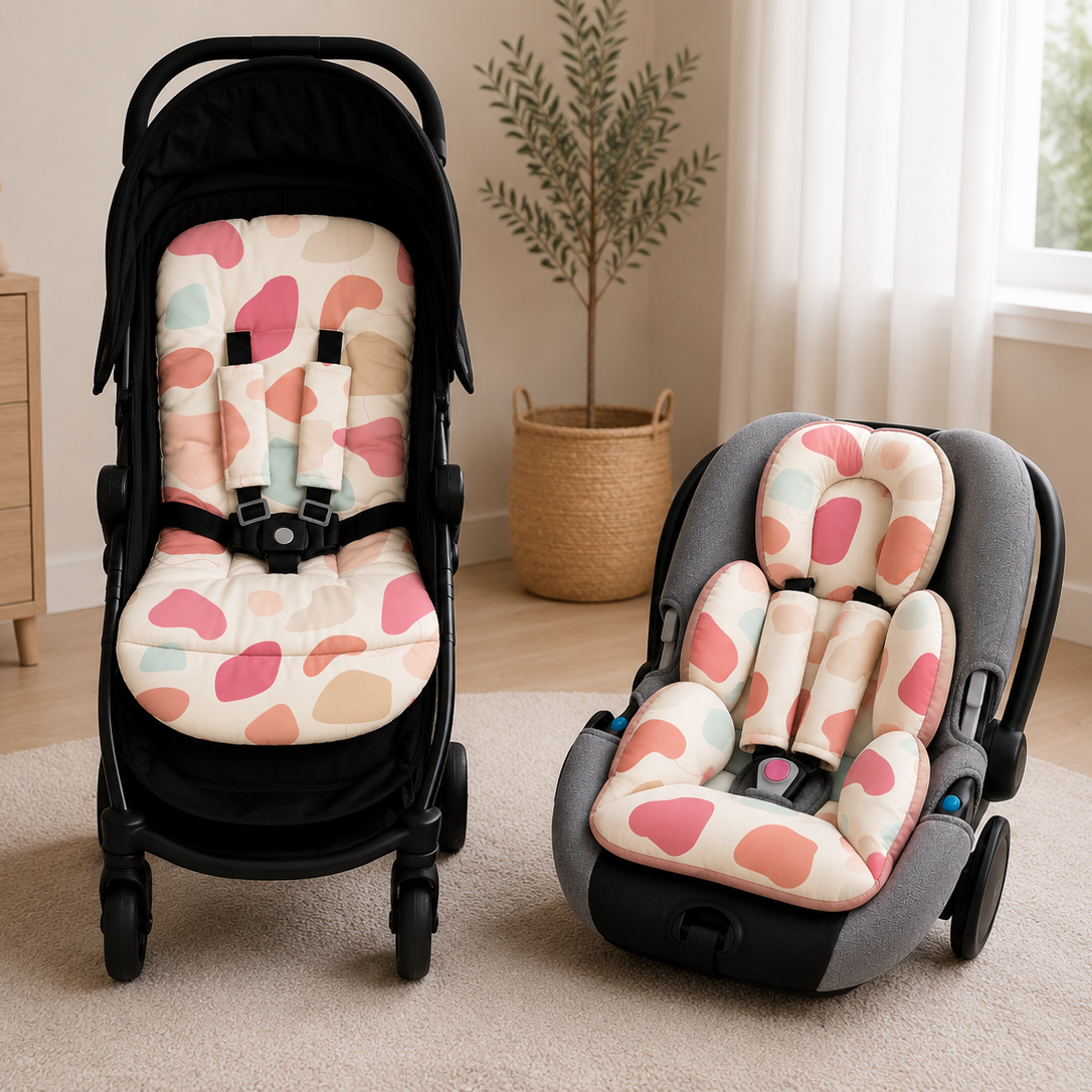 Kit Colchonetes 3 Peças para Carrinho & Bebê Conforto + Protetores de Cinto Manchitas Menina Verso Rosê