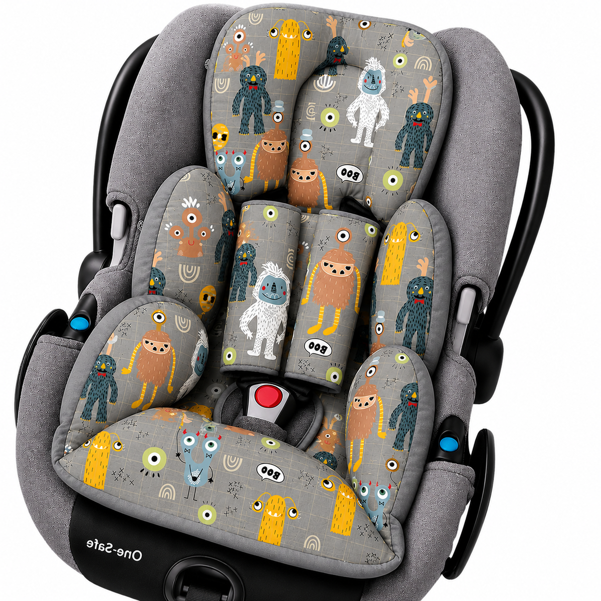 Kit Colchonetes 3 Peças para Carrinho & Bebê Conforto + Protetores de Cinto Monstros Verso Cinza