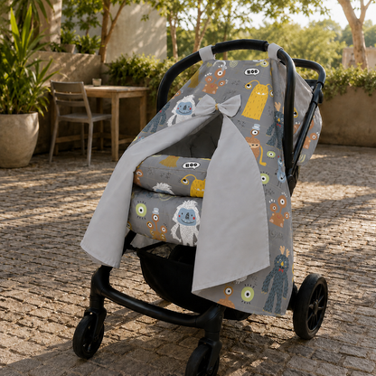 Capota para Bebê Conforto Tenda Dupla Face Monstros Verso Cinza