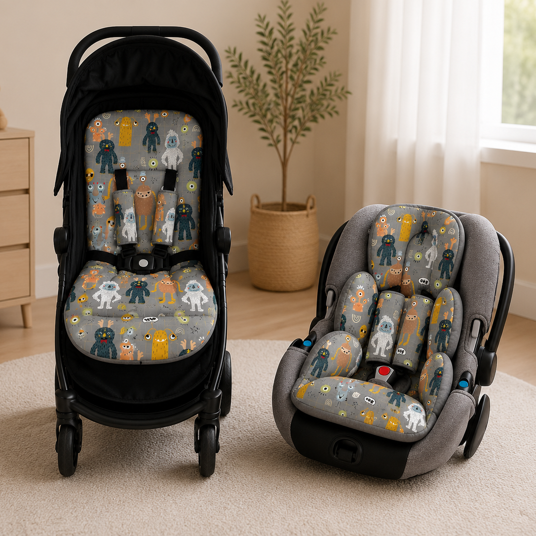 Kit Colchonetes 3 Peças para Carrinho & Bebê Conforto + Protetores de Cinto Monstros Verso Cinza