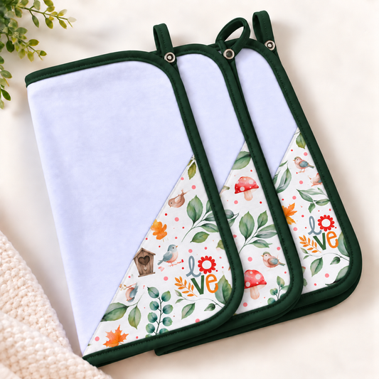 Toalha de Boca Malha Dupla Penteada Premium Passarinho Love c/ Verde Escuro | Kit com 3 Unidades