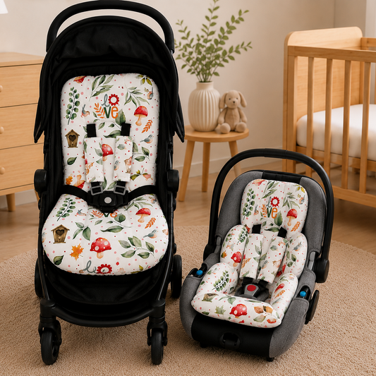 Kit Colchonetes 3 Peças para Carrinho & Bebê Conforto + Protetores de Cinto Passarinho Love Verso Vermelho