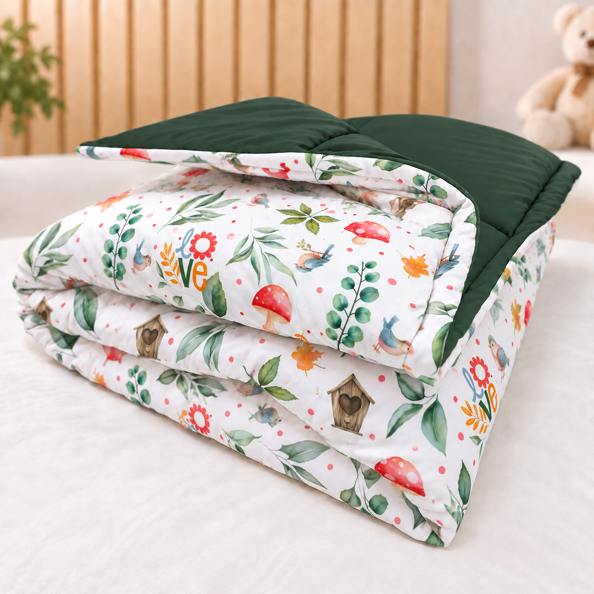 Edredom Estampado Dupla Face para Berço Americano Passarinhos Love c/ Verde Escuro