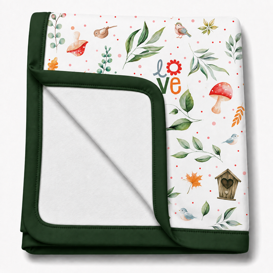 Manta Flanelada Soft Premium Dupla 90 x 70 cm Passarinho Love c/ Verde Escuro