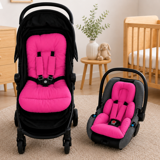 Kit Colchonetes 3 Peças para Carrinho & Bebê Conforto + Protetores de Cinto Pink