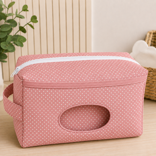 Necessaire Porta Fraldas e Lenço Umedecido 3 Compartimentos Poá Rosê