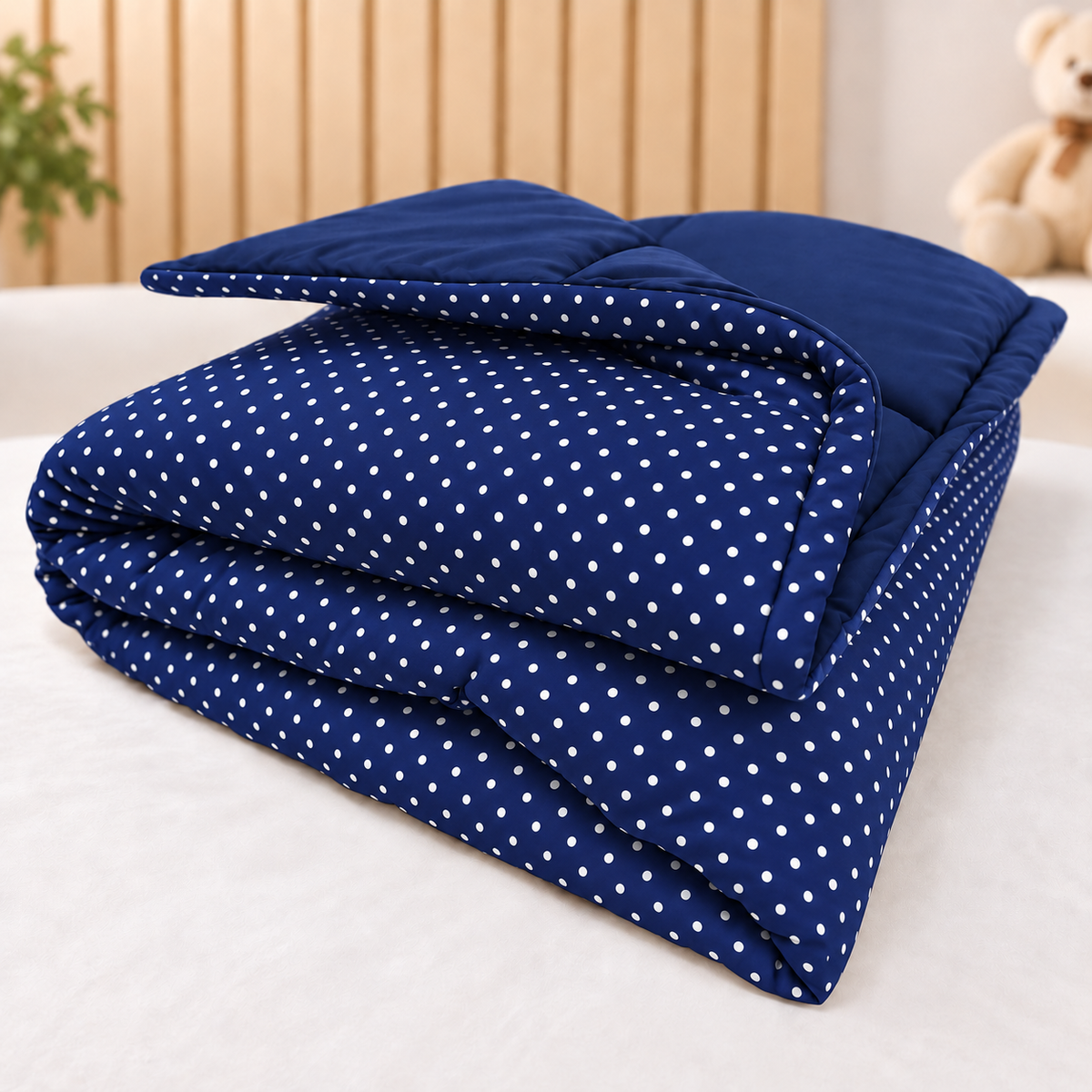 Edredom Estampado Dupla Face para Berço Americano Poá Azul Marinho