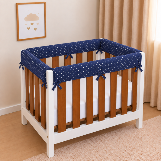 Protetor de Grade para Mini Berço Acolchoado 4 Peças Poá Azul Marinho