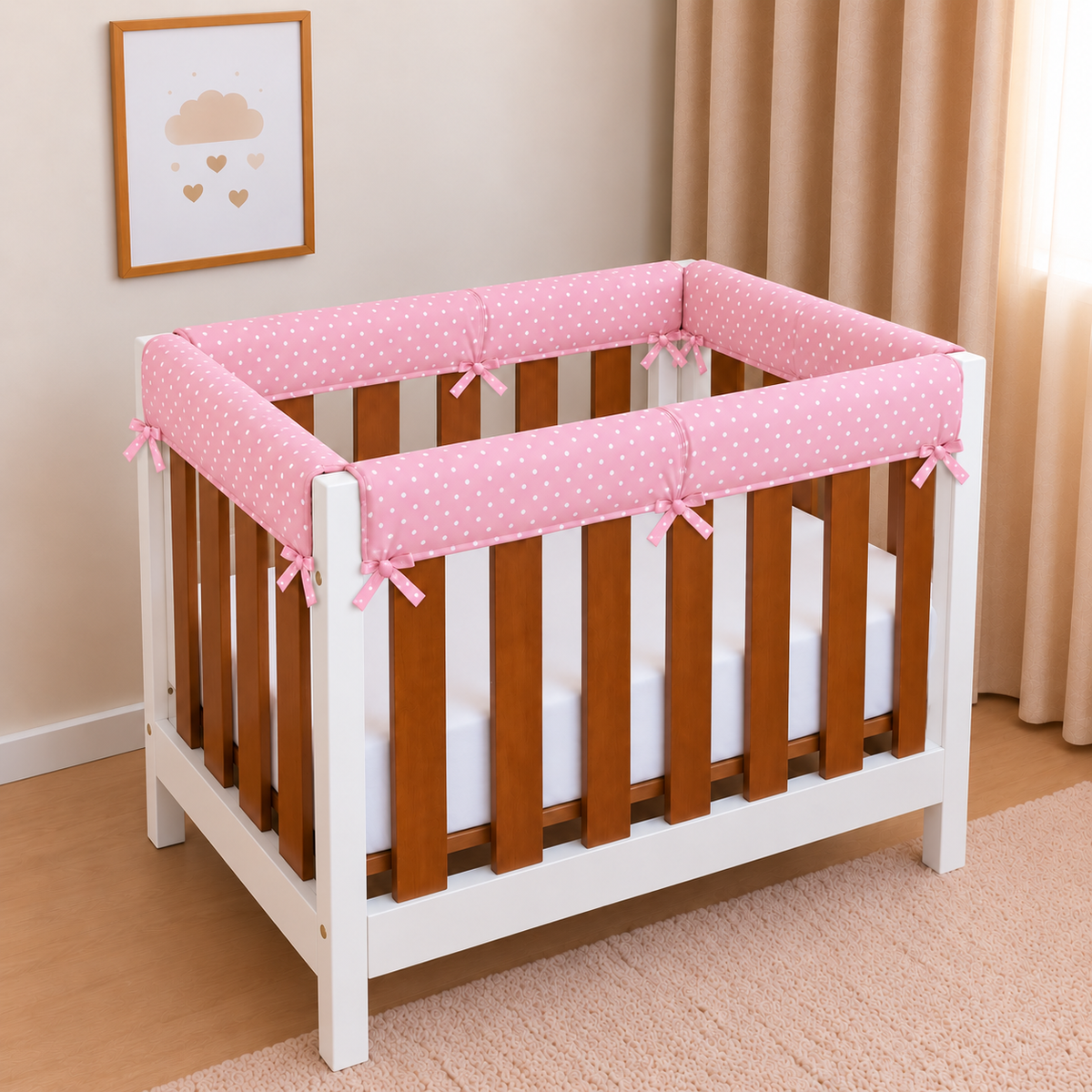 Protetor de Grade para Mini Berço Acolchoado 4 Peças Poá Rosa