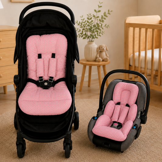 Kit Colchonetes 3 Peças para Carrinho & Bebê Conforto + Protetores de Cinto Poá Rosê Verso Rosê