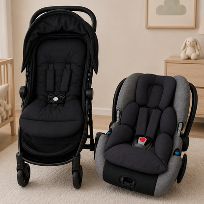 Kit Colchonetes 3 Peças para Carrinho & Bebê Conforto + Protetores de Cinto Preto