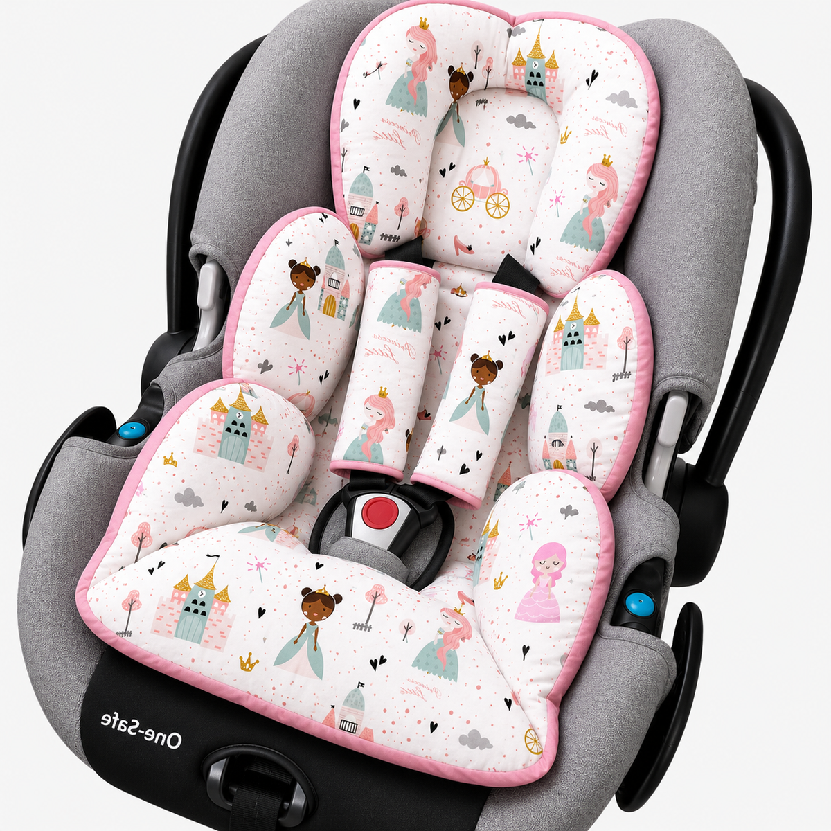 Kit Colchonetes 3 Peças para Carrinho & Bebê Conforto + Protetores de Cinto Princesa Verso Rosa