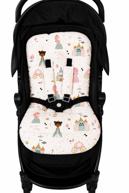 Kit Colchonetes 3 Peças para Carrinho & Bebê Conforto + Protetores de Cinto Princesa Verso Rosa