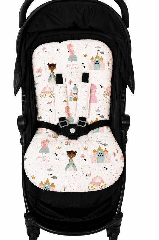 Kit Colchonetes 3 Peças para Carrinho & Bebê Conforto + Protetores de Cinto Princesa Verso Rosa