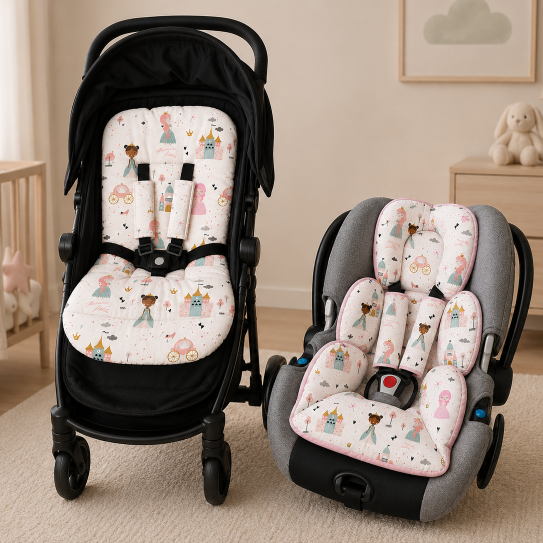 Kit Colchonetes 3 Peças para Carrinho & Bebê Conforto + Protetores de Cinto Princesa Verso Rosa