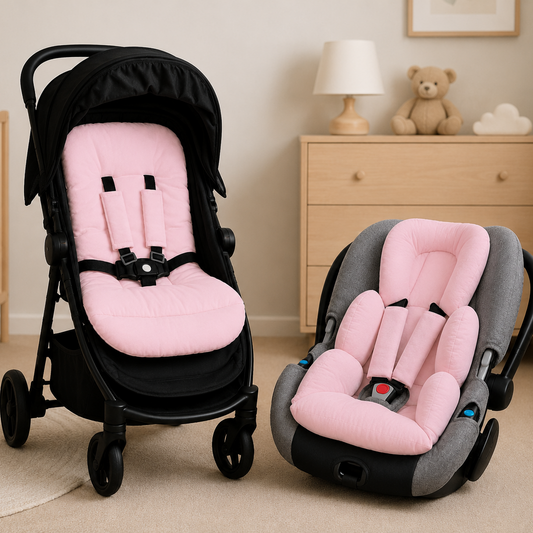 Kit Colchonetes 3 Peças para Carrinho & Bebê Conforto + Protetores de Cinto Rosa