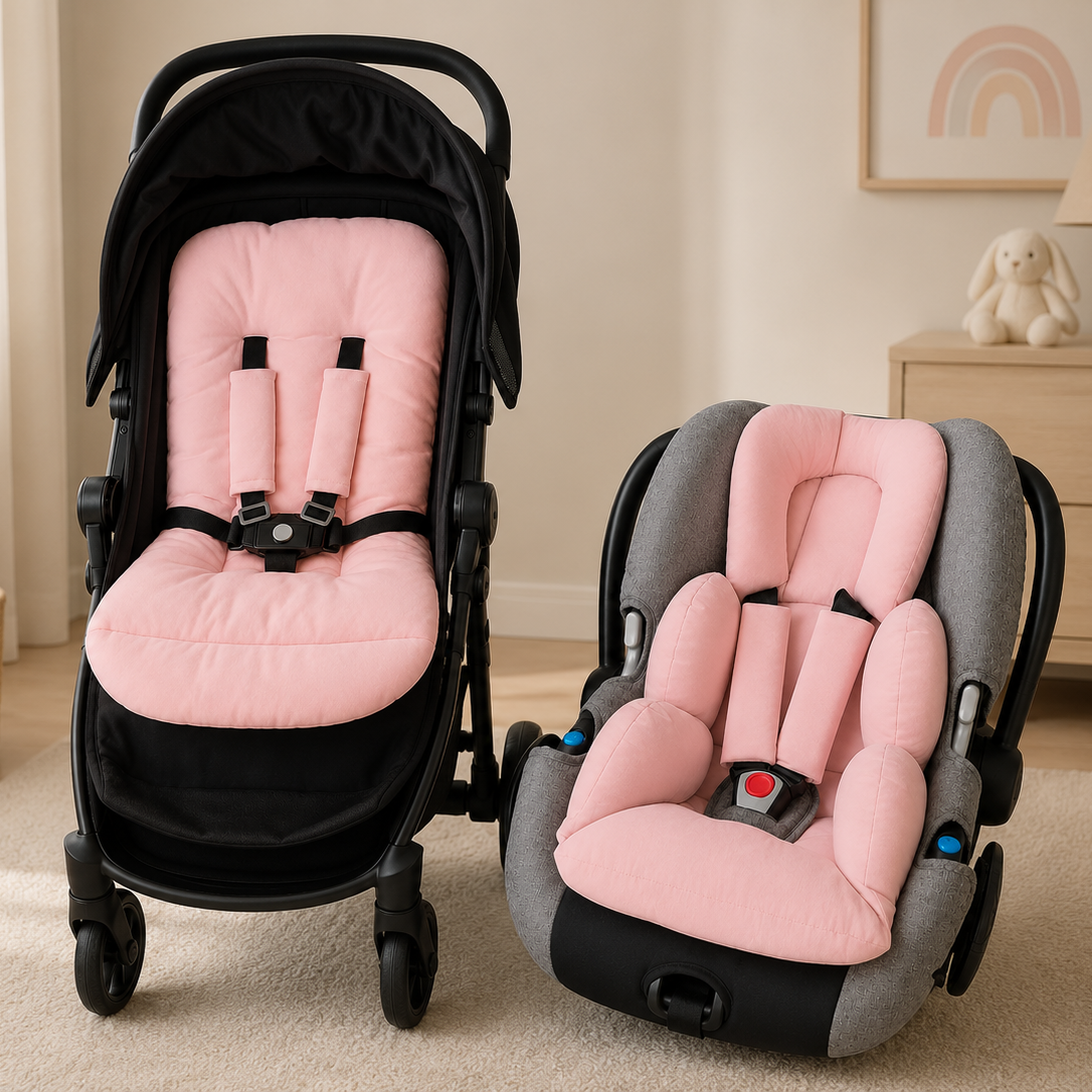 Kit Colchonetes 3 Peças para Carrinho & Bebê Conforto + Protetores de Cinto Rose