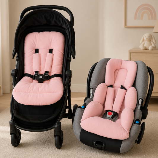 Kit Colchonetes 3 Peças para Carrinho & Bebê Conforto + Protetores de Cinto Rose