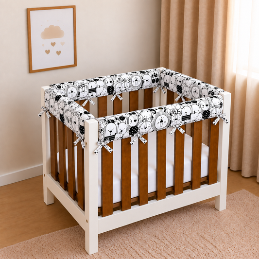 Protetor de Grade para Mini Berço Acolchoado 4 Peças Safari Preto & Branco