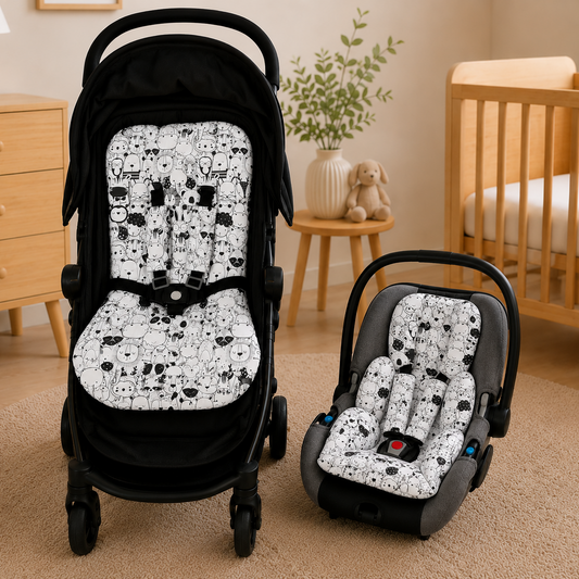 Kit Colchonetes 3 Peças para Carrinho & Bebê Conforto + Protetores de Cinto Safari Preto & Branco Verso Preto