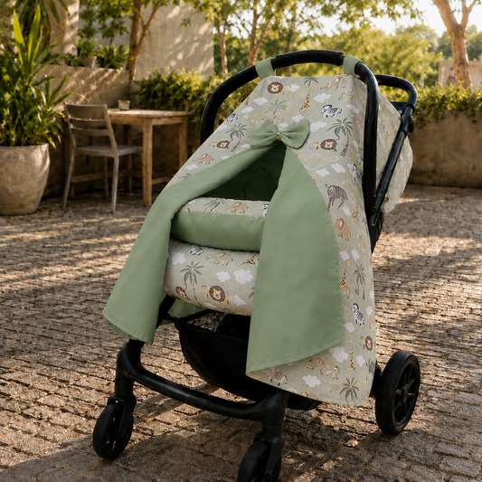 Kit para Bebê Conforto 4 Peças Dupla Face com Capota Tenda Bichos Verde Verso Verde Menta
