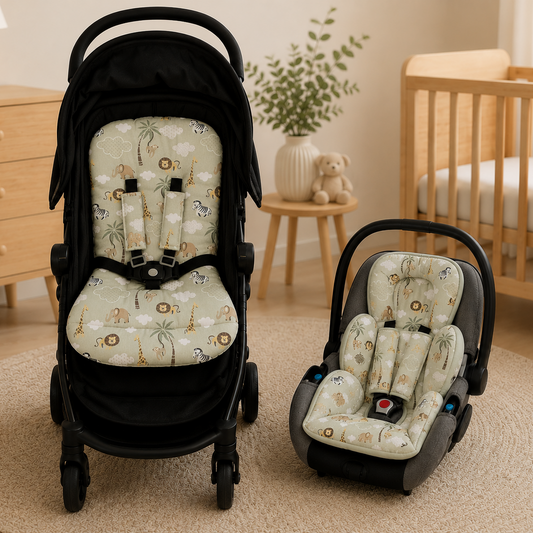 Kit Colchonetes 3 Peças para Carrinho & Bebê Conforto + Protetores de Cinto Safari Verde Verso Verde