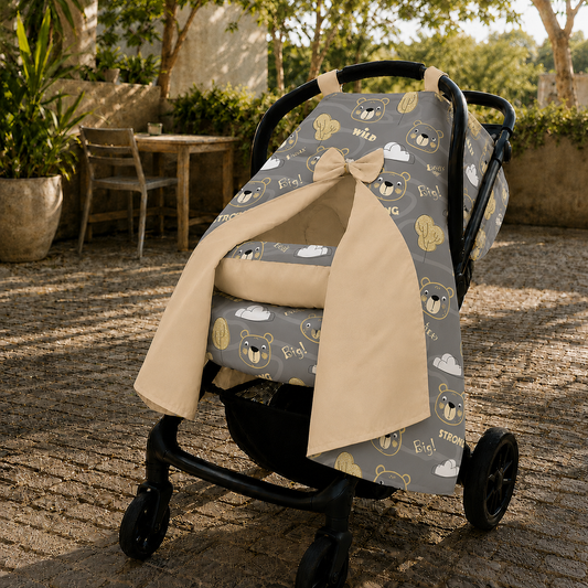 Kit para Bebê Conforto 4 Peças Dupla Face com Capota Tenda Urso Ted Verso Bege