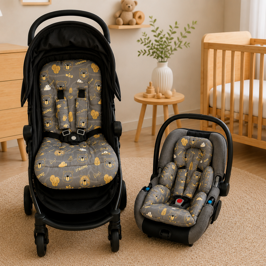 Kit Colchonetes 3 Peças para Carrinho & Bebê Conforto + Protetores de Cinto Urso Ted Verso Cinza