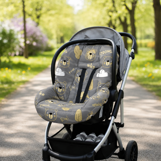 Kit para Bebê Conforto 4 Peças Dupla Face com Capota Tenda Urso Ted Verso Bege