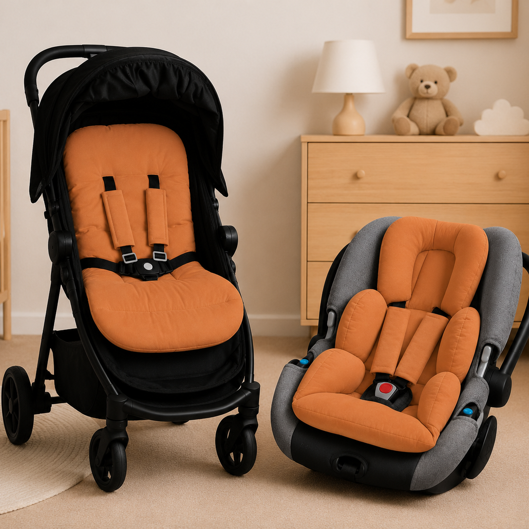 Kit Colchonetes 3 Peças para Carrinho & Bebê Conforto + Protetores de Cinto Terracota