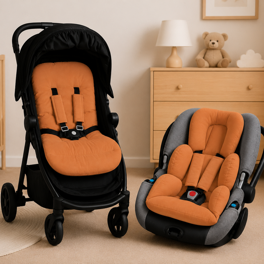 Kit Colchonetes 3 Peças para Carrinho & Bebê Conforto + Protetores de Cinto Terracota
