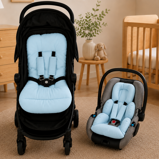 Kit Colchonetes 3 Peças para Carrinho & Bebê Conforto + Protetores de Cinto Azul Turquesa