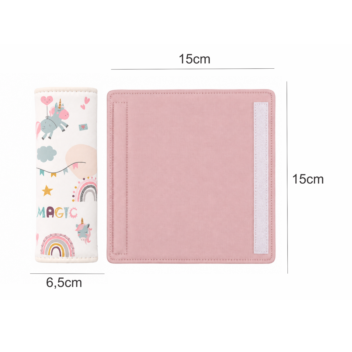 Kit Colchonetes 3 Peças para Carrinho & Bebê Conforto + Protetores de Cinto Unicórnio Verso Rosê