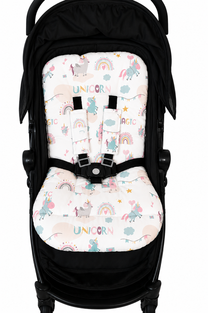 Kit Colchonetes 3 Peças para Carrinho & Bebê Conforto + Protetores de Cinto Unicórnio Verso Rosê
