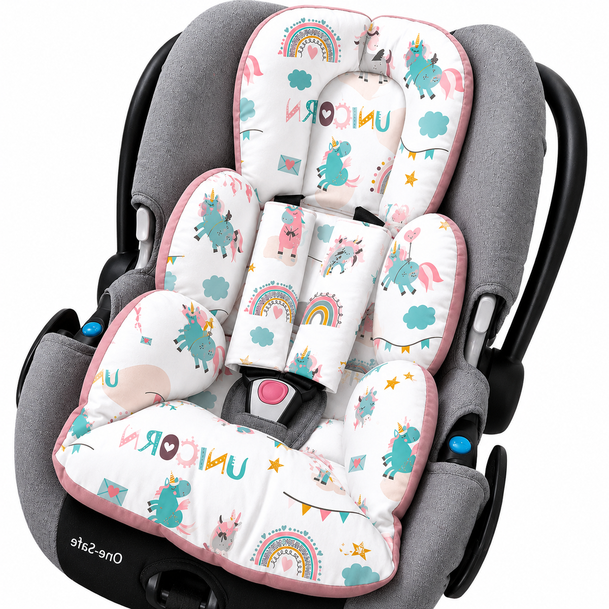 Kit Colchonetes 3 Peças para Carrinho & Bebê Conforto + Protetores de Cinto Unicórnio Verso Rosê