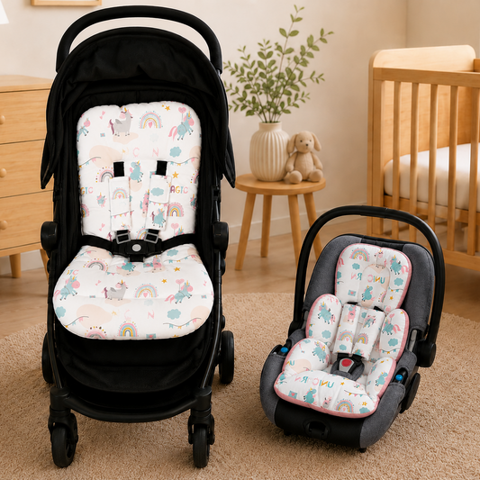 Kit Colchonetes 3 Peças para Carrinho & Bebê Conforto + Protetores de Cinto Unicórnio Verso Rosê