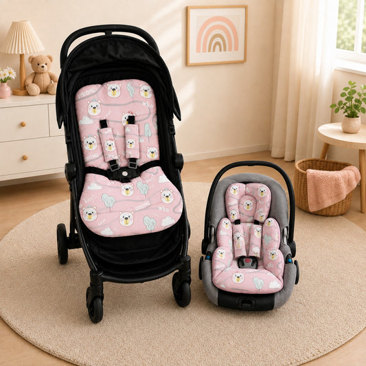 Kit Colchonetes 3 Peças para Carrinho & Bebê Conforto + Protetores de Cinto Ursa Rosa Verso Rosa